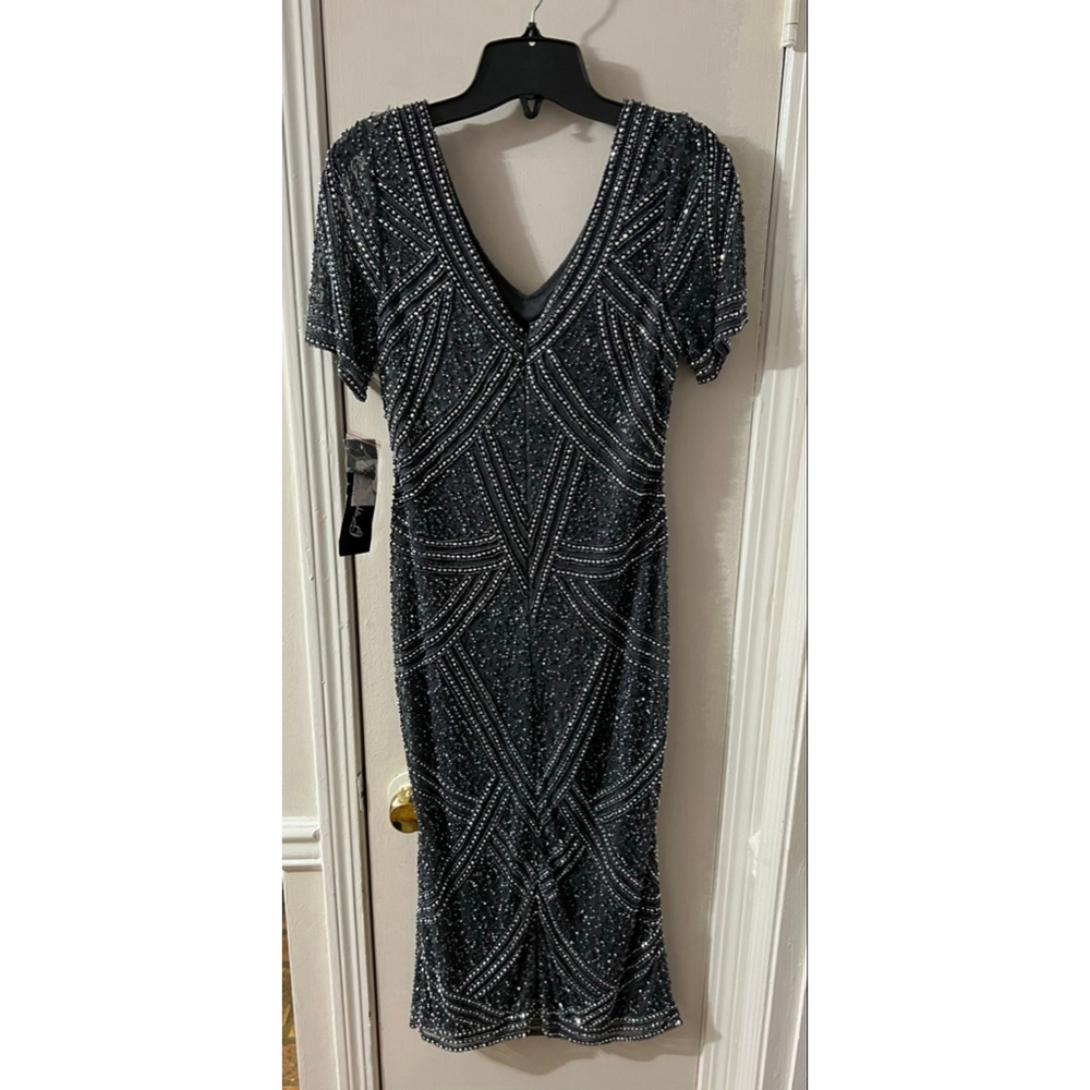 NWT Pisarro Nights Beaded Mesh V-Neck Short Sleeve Sheath Midi Dress SZ 2 - Picture 3 of 8